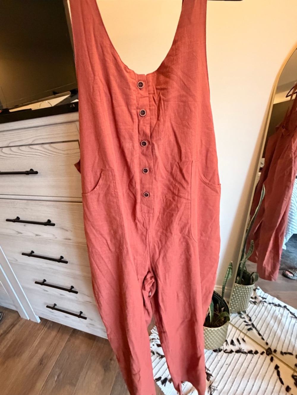 Button-Front Rust Red Linen-Blend Relaxed Jumpsuit
